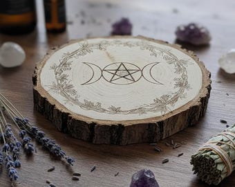 Triple Moon Goddess / Engraved Altar Wood Plaque