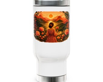 Mujer en un campo al atardecer (Taza de viaje de acero inoxidable)