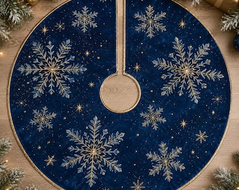 Gold Snowflake Christmas Tree Skirt | Navy Holiday Tree Skirt