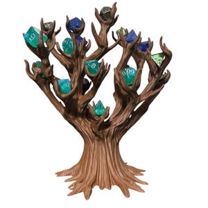 Puede incluir: Un soporte para dados en forma de &aacute;rbol marr&oacute;n con m&uacute;ltiples ramas, cada una sosteniendo un dado colorido. Los dados son de varios colores, incluyendo azul, verde y negro. El soporte est&aacute; hecho de un material texturizado, que se asemeja a la madera.