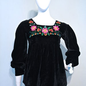 Vintage 1970s INDIA Boho hippie embroidered yoke velvet top // balloon sleeves and vibrant embroidery // baby doll Empire line fit