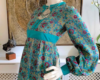 Vintage 60s 70s INDIAN Pure Silk Hand Block Printed Kalamkari Maxi Dress Kaftan / Turquoise Jade Tissue Weight Silk / Empire Line Fit