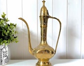 Vintage Brass Dallah Ewer Jug Tea Coffee Pot Engraved Indian Persian Turkish Arabic 50s 60s 70s Retro Home Bohemian Hippie Boho