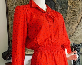 Vintage 70s 80s Lipstick Red Secretary Dress // Abstract Deco Inspired Print // Electro Disco 1980s New Romantic