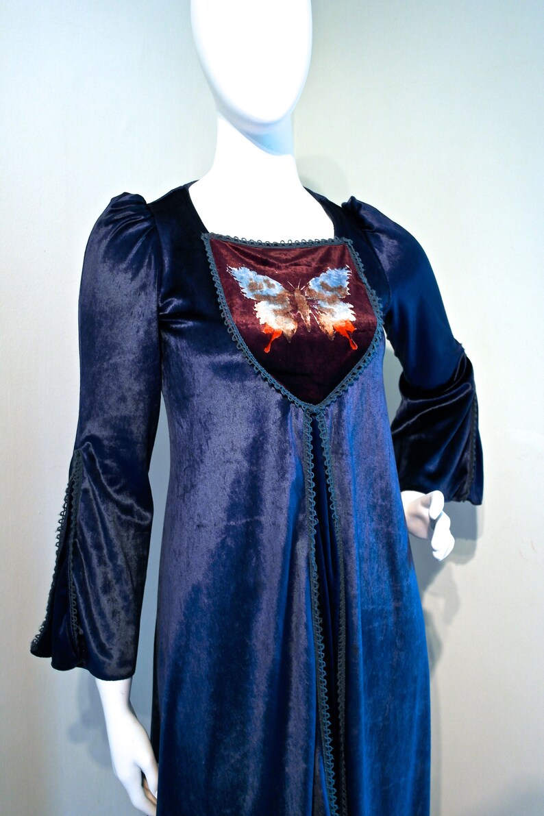 Incredible vintage 1960s MEDIEVAL RENAISSANCE Shimmering Velvet Maxi Dress Butterfly Motif Tie Dye Effect Bib Yoke Faerie Princess