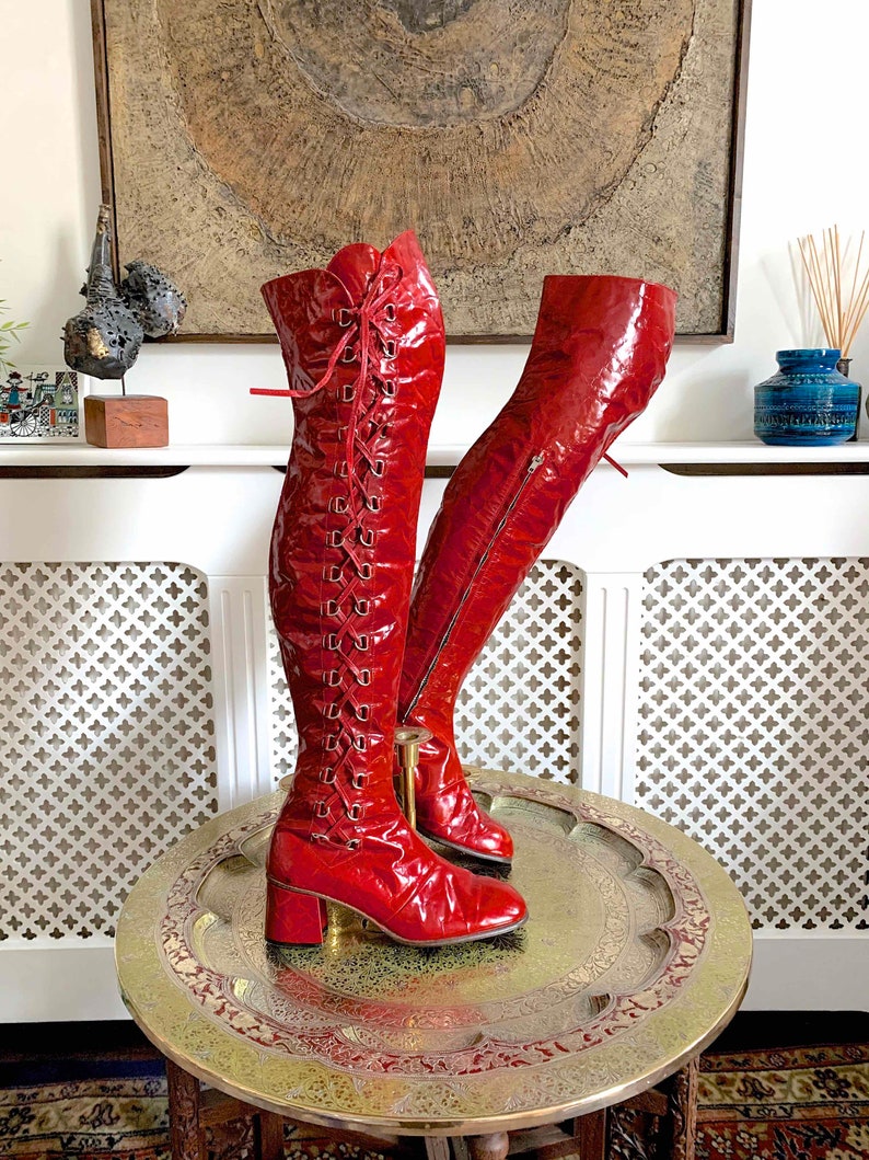 Vintage 1960s Thigh Boots in Lipstick Red Patent Leather w Side Lacing Metal Eyelets // Italian Made // US 6 UK 4.5 EU 37.5 // Go Go Fetish image 1