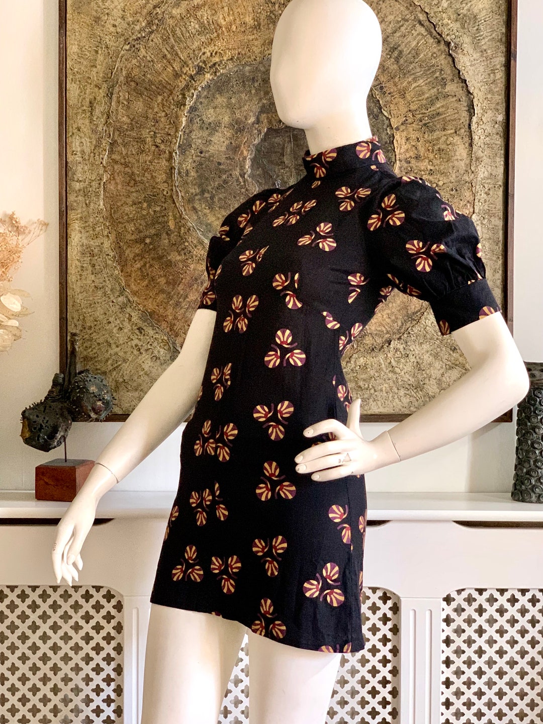 RARE 1971 BIBA Mini Dress // Art Deco Print Cotton // 1960s 1970s