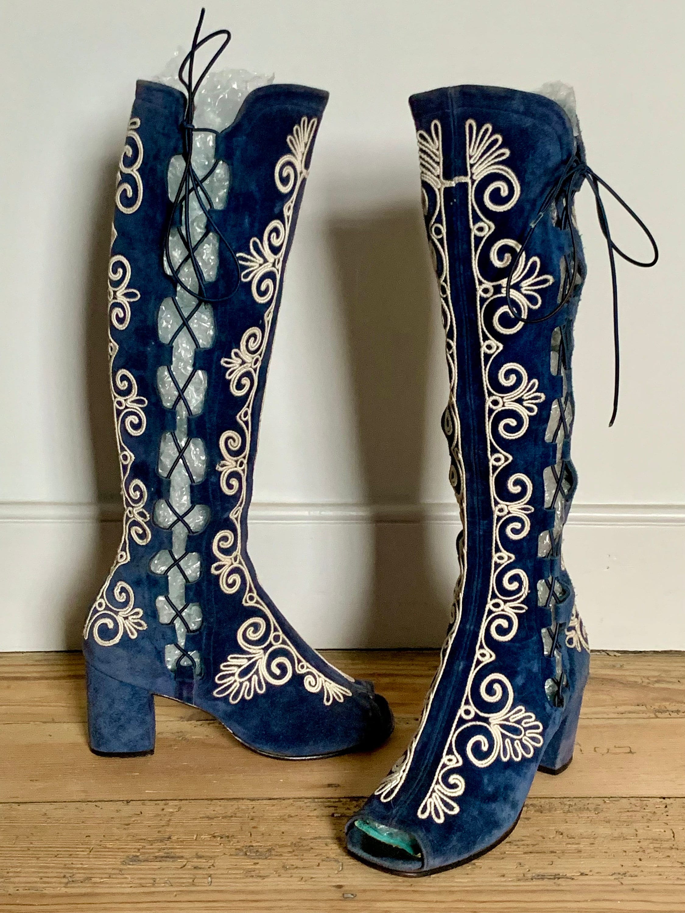 Vintage Bort Carleton Tall Leather Lace Up Boots, 1970s stacked wood heel  campus boots, 70s blue laced combat hippie gypsy boots, Women's 8