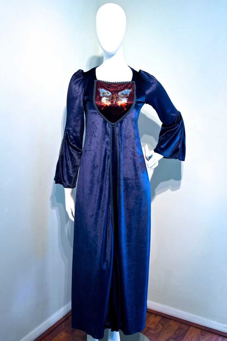 Incredible vintage 1960s MEDIEVAL RENAISSANCE Shimmering Velvet Maxi Dress Butterfly Motif Tie Dye Effect Bib Yoke Faerie Princess