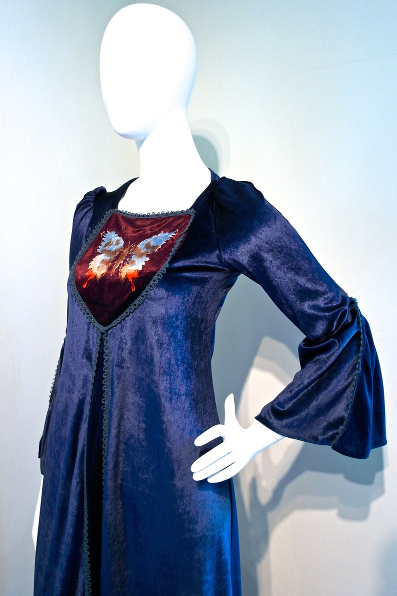 Incredible vintage 1960s MEDIEVAL RENAISSANCE Shimmering Velvet Maxi Dress Butterfly Motif Tie Dye Effect Bib Yoke Faerie Princess