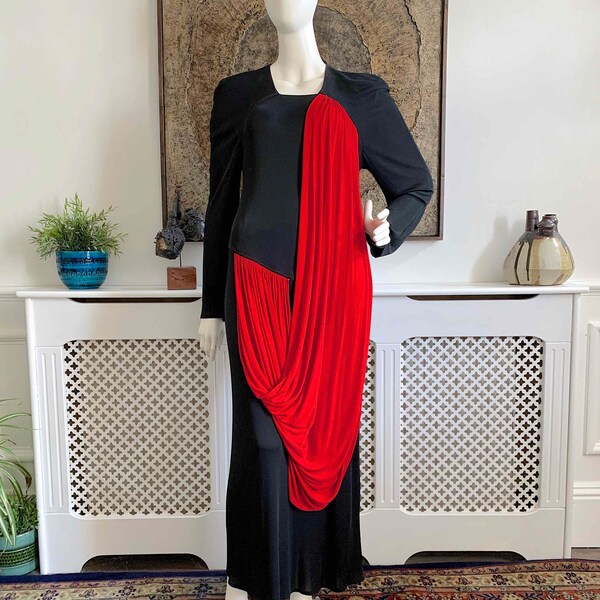 Vintage 1980s 90s BRUCE OLDFIELD Fluid Draped Column Sheath Evening Dress // Statement Designer Fashion // LBD Black Dress Runway Red Carpet