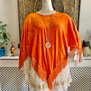 Vintage 1960s Orange Velvet Fridged Fringe Tassel Poncho // Bohemian Hippie Festival // 60s 70s 1970s
