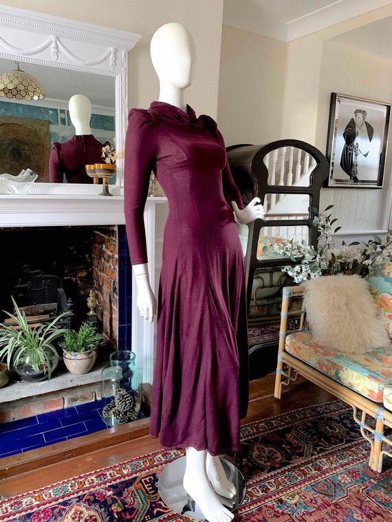 cowl collared jersey dress Vintage 1970s BIBA Style Soft Empire Line Midi With Collar // Mulberry Mauve Colour // Skinny Sleeves Puff Shoulders plp-12970