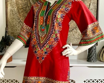 Vintage Dashiki Mini Dress // 60s 70s Hippie Boho Festival // Angel Sleeves A Line Fit