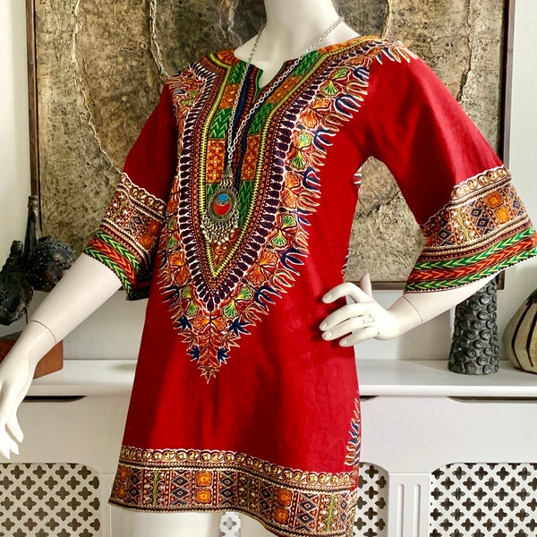 Vintage Dashiki Mini Dress // 60s 70s Hippie Boho Festival // Angel Sleeves A Line Fit