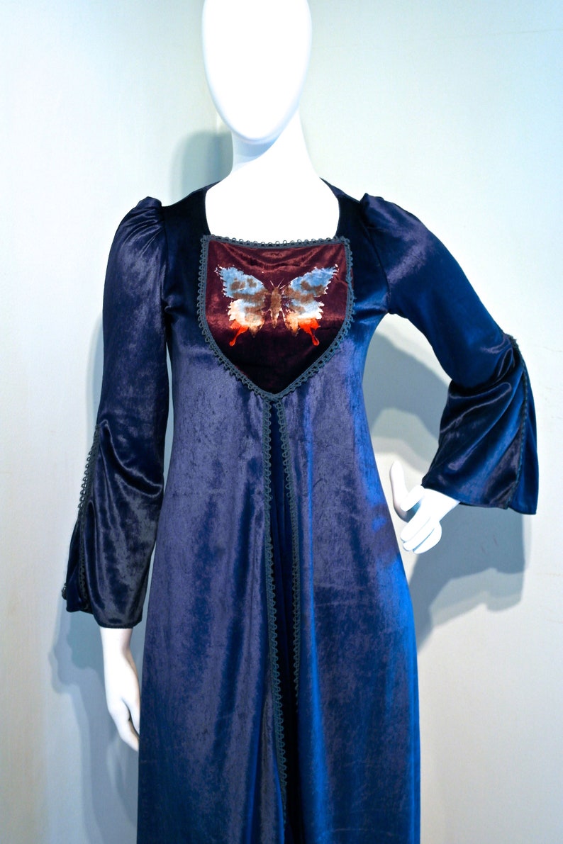 Incredible vintage 1960s MEDIEVAL RENAISSANCE Shimmering Velvet Maxi Dress Butterfly Motif Tie Dye Effect Bib Yoke Faerie Princess