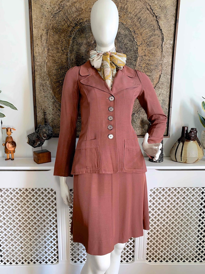 1960s Print Jersey Knit Biba Skirt & Jacket Suit
