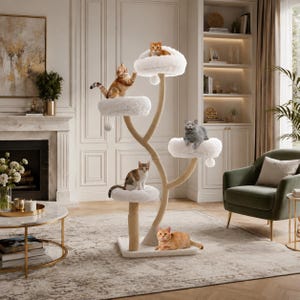 May include: A tall cat tree with a central beige post branching into four levels, each topped with a plush white circular bed. Five cats of various colors are positioned on the different levels and at the base of the structure.