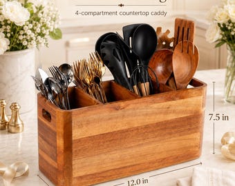 Wooden Utensil Caddy, 4 Compartment Kitchen Organizer, Countertop Cutlery and Cooking Tool Holder