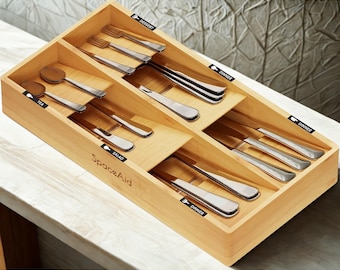 Bamboo Silverware Organizer | 6-Slot Utensil Tray