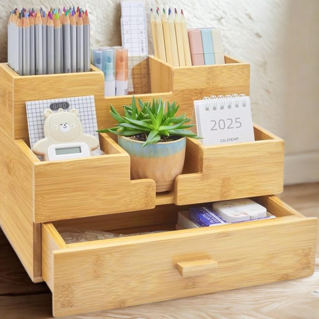 Bamboo Desk Organizer With Drawer | Natural Wood Pen Holder - Etsy