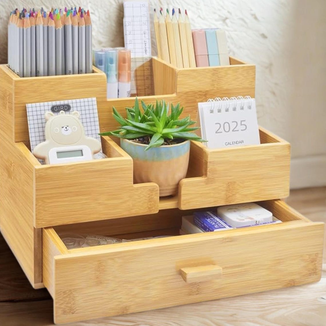 Bamboo Desk Organizer With Drawer | Natural Wood Pen Holder - Etsy