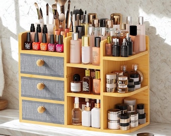 Bamboo Makeup Organizer with Drawers & Brush Holders  Vanity, Bathroom , Desk Cosmetic Storage, Skincare Beauty Holder