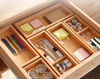 Bamboo Drawer Organizer Set • Rustic Wooden Storage Trays, 5-Piece