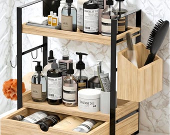 2-Tier Wooden Bathroom Counter Organizer with Drawer – Vanity & Skincare Storage Shelf, Rustic Makeup  Desk Organizer