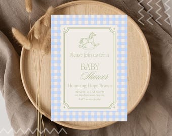 Invitación para baby shower con caballo balancín de cuadros vichy