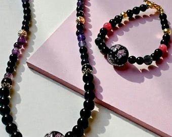 Black Onyx & Amethyst Jewelry Set | Handmade Necklace and Bracelet