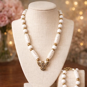 Porcelain Agate Jewelry Set: Dzi Bead, Sun & Eagle Charm