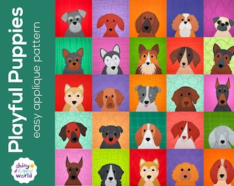 Playful Puppies - dog applique quilt pattern - easy PDF pattern, uses Quilt As You Go and fusible adhesive