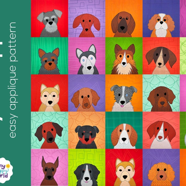 Playful Puppies - dog applique quilt pattern - easy PDF pattern, uses Quilt As You Go and fusible adhesive