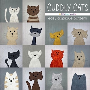 Cats Quilt Applique Pattern Workshop - easy PDF pattern for beginners, uses Quilt As You Go and fusible adhesive