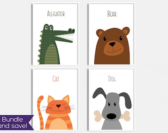 Animal ABCD Printable Art Bundle - instant download - print it yourself - wall art for nursery or child's room - alligator, bear, cat, dog