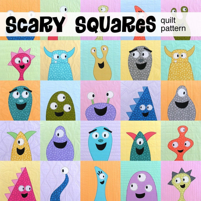 Scary Squares Monster Applique Quilt Pattern easy digital PDF pattern for beginners, uses Quilt As You Go and fusible adhesive image 2