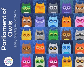 Parliament of Owls Applique Quilt Pattern - easy digital PDF pattern for beginners, uses Quilt As You Go and fusible adhesive