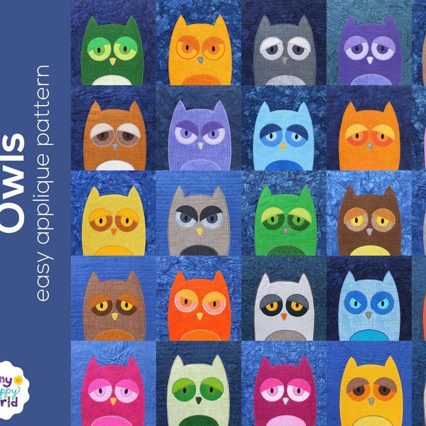 Parliament of Owls Applique Quilt Pattern - easy digital PDF pattern for beginners, uses Quilt As You Go and fusible adhesive