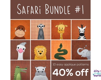 Safari Applique Pattern Bundle #1 - crocodile, chimpanzee, elephant, giraffe, hippo, lion, meerkat, ostrich, snake, zebra