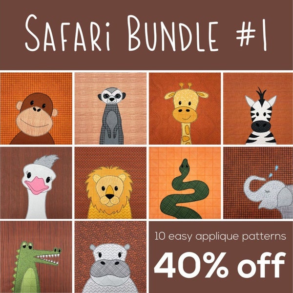 Safari Applique Pattern Bundle #1 - crocodile, chimpanzee, elephant, giraffe, hippo, lion, meerkat, ostrich, snake, zebra