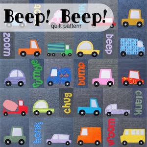 Beep! Beep! - Cars and Trucks Applique Quilt Pattern - easy digital PDF pattern for beginners, uses Quilt As You Go and fusible adhesive