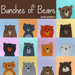 Bunches of Bears Applique Quilt Pattern - easy digital PDF pattern for beginners, uses Quilt As You Go and fusible adhesive