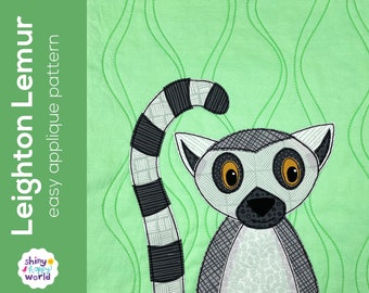 Leighton Lemur Applique Quilt Pattern - easy digital PDF pattern for beginners, uses Quilt As You Go and fusible adhesive