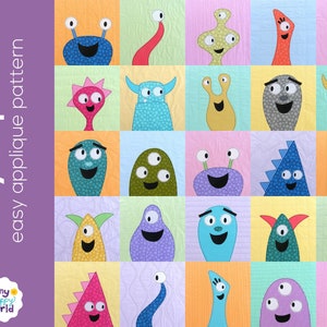 Scary Squares Monster Applique Quilt Pattern - easy digital PDF pattern for beginners, uses Quilt As You Go and fusible adhesive