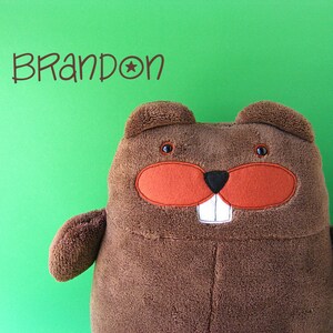 May include: A brown plush beaver toy with a large head, orange nose, and white teeth. The beaver has small black eyes and a black nose. The name "BRANDON" is written in brown script above the beaver's head on a green background.