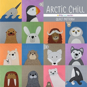 May include: A quilt pattern featuring a variety of arctic animals, including a narwhal, a puffin, a polar bear, a fox, a husky, a walrus, a seal, and an orca. The pattern is titled "Arctic Chill" and is by "Shiny Happy World".
