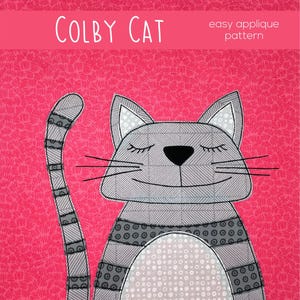 Colby Cat Applique Quilt Pattern - easy digital PDF pattern for beginners, uses Quilt As You Go and fusible adhesive