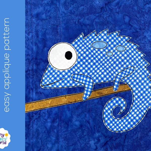 Carter Chameleon applique quilt pattern - easy digital PDF pattern for beginners, uses Quilt As You Go and fusible adhesive