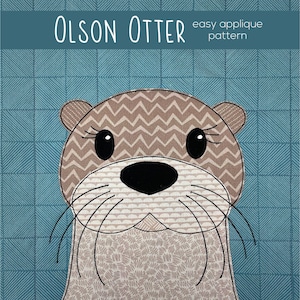 Könnte beinhalten: Ein braunes und weißes Otter-Applikationsmuster mit dem Text "OLSON OTTER easy applique pattern".